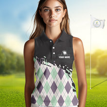 Load image into Gallery viewer, Custom Name Argyle Pattern Print Sleeveless Women Polo Shirt – Stylish Animal Print Golf Polo For Womens NHT857