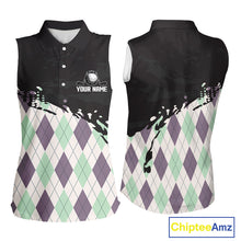 Load image into Gallery viewer, Custom Name Argyle Pattern Print Sleeveless Women Polo Shirt – Stylish Animal Print Golf Polo For Womens NHT857
