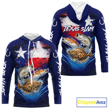Load image into Gallery viewer, Texas Slam Redfish, Trout, Flounder Custom Fishing Shirts Long Sleeve Hooded, Texas Flag Fishing Shirt NHT505