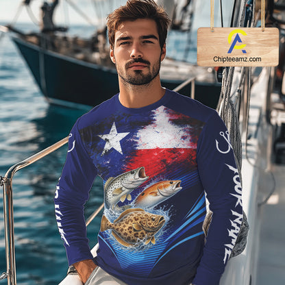 Texas Slam Redfish, Trout, Flounder Custom Fishing Shirts Long Sleeve, Texas Flag Fishing Shirt NHT505