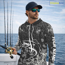 Load image into Gallery viewer, Custom Bass Fishing Black Camo Long Sleeve Hooded Fishing Shirts, Personalized Bass Fishing Jerseys NHT507