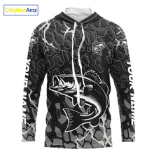 Load image into Gallery viewer, Custom Bass Fishing Black Camo Long Sleeve Hooded Fishing Shirts, Personalized Bass Fishing Jerseys NHT507