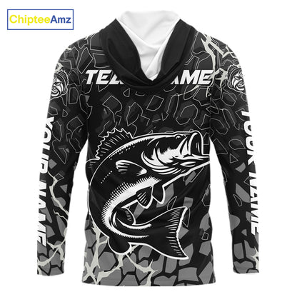 Custom Bass Fishing Black Camo Long Sleeve Hooded Fishing Shirts, Personalized Bass Fishing Jerseys NHT507