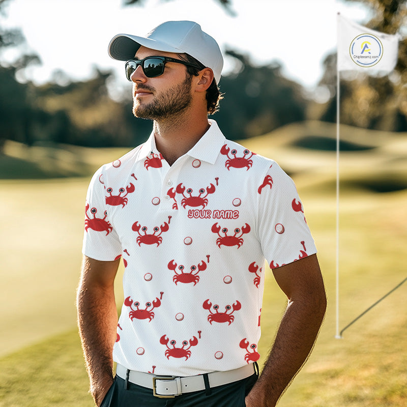Custom Crab Mens Golf Polo Shirt - Personalized Cute Red Crab Team Name Jersey