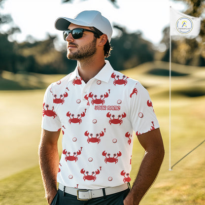 Custom Crab Mens Golf Polo Shirt - Personalized Cute Red Crab Team Name Jersey