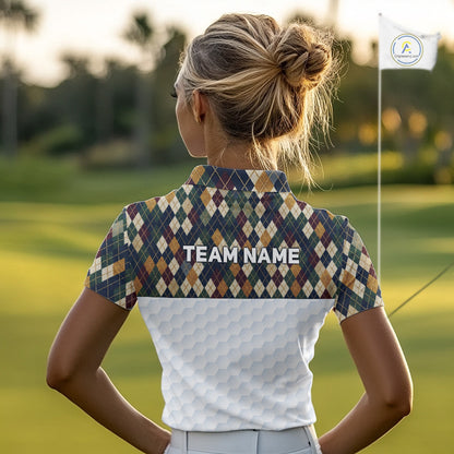 Woman on a golf course wearing a patterned shirt with 'TEAM NAME' text