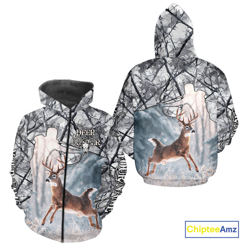 Beautiful Deer Hunting Shirt Camo Gray 3D Full Body Jumping Whitetail Deer Custom Name NHT94