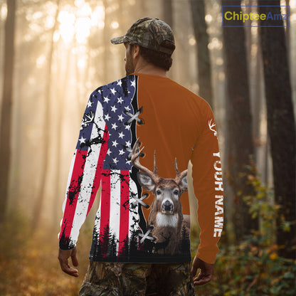 Personalized Orange Deer Hunting 3D Shirt with American Flag Design, Perfect Gift for Hunters NHT280