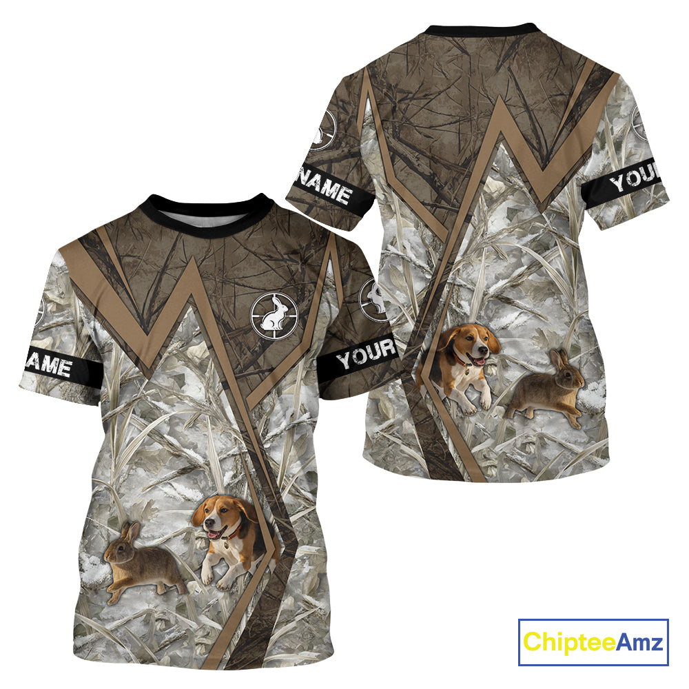 Beagle Dog Chasing the Rabbit Camo Custom Name Shirts, Rabbit Hunting Gifts NHT283