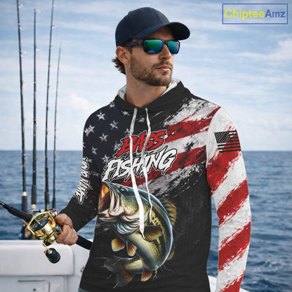 American Flag Bass Hooded Fishing Shirt For Men, Personalized Largemouth Bass Fishing Apparel