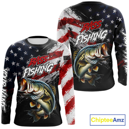 American Flag Bass Fishing Shirt For Men, Personalized Largemouth Bass Fishing Apparel