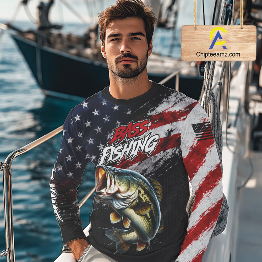 American Flag Bass Fishing Shirt For Men, Personalized Largemouth Bass Fishing Apparel