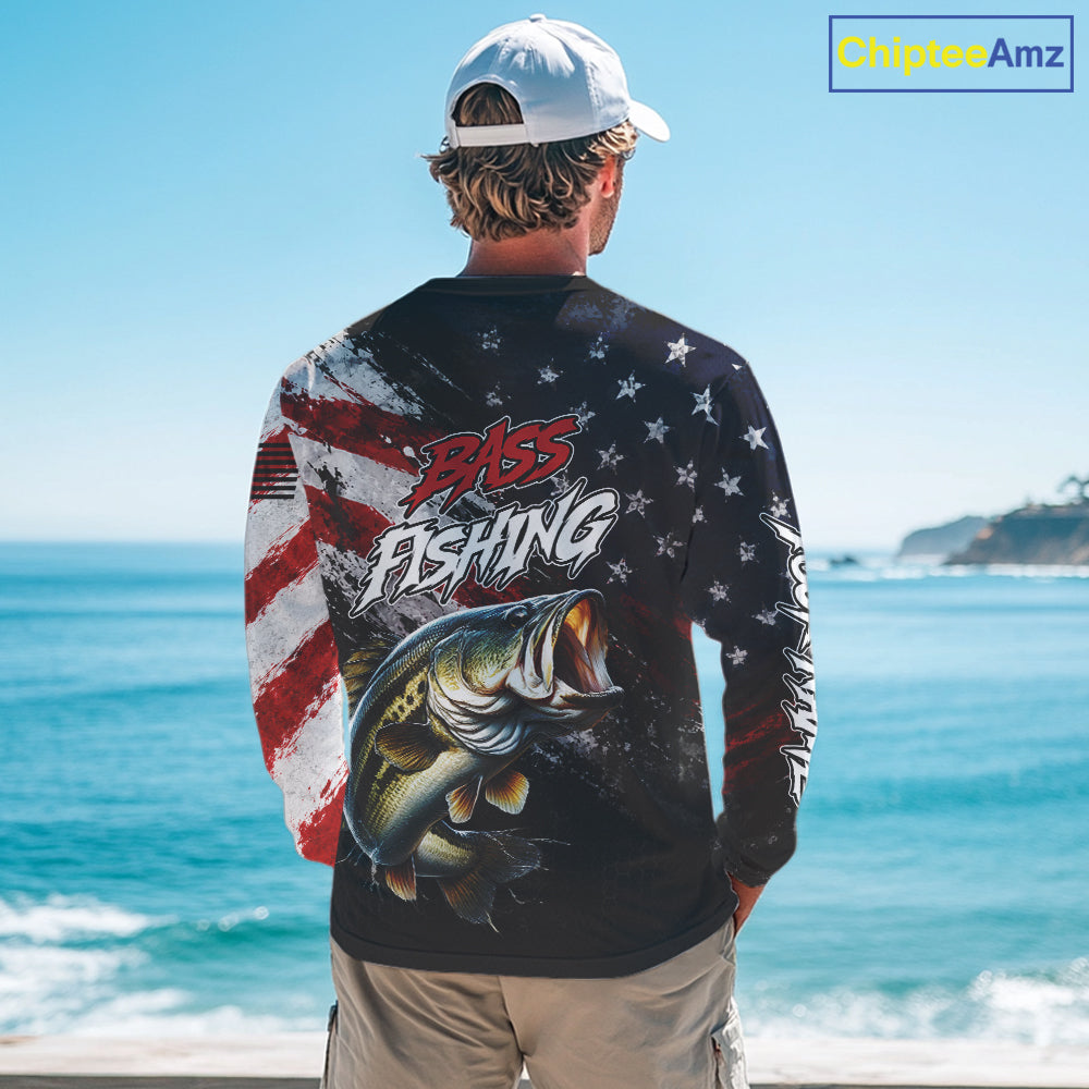 American Flag Bass Fishing Shirt For Men, Personalized Largemouth Bass Fishing Apparel