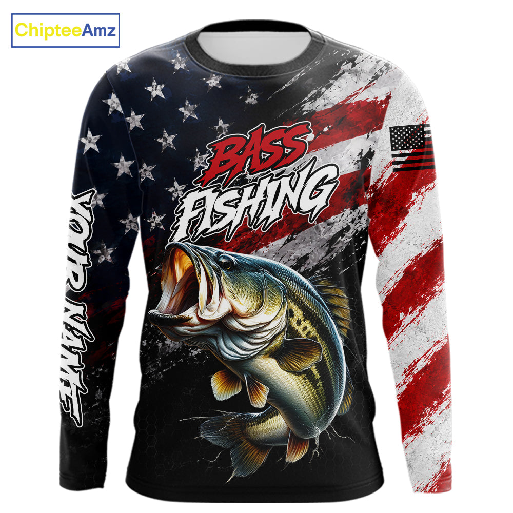 American Flag Bass Fishing Shirt For Men, Personalized Largemouth Bass Fishing Apparel