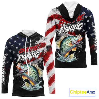 American Flag Crappie Hooded Fishing Shirt For Men, Personalized Crappie Fishing Apparel