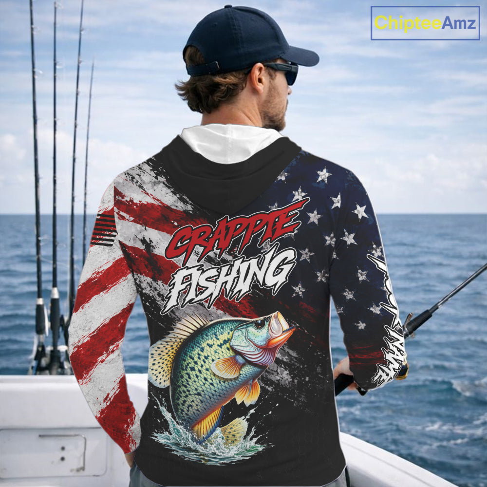 American Flag Crappie Hooded Fishing Shirt For Men, Personalized Crappie Fishing Apparel