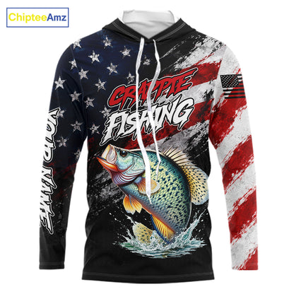 American Flag Crappie Hooded Fishing Shirt For Men, Personalized Crappie Fishing Apparel
