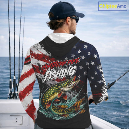 American Flag Northern Pike Hooded Fishing Shirt For Men, Personalized Northern Pike Fishing Apparel