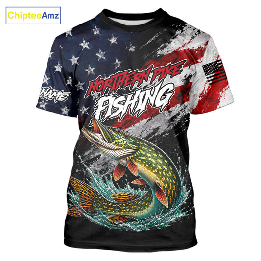 American Flag Northern Pike Fishing T-Shirt For Men, Personalized Northern Pike Fishing Apparel