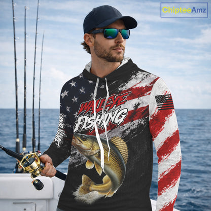 American Flag Walleye Hooded Fishing Shirt For Men, Personalized Walleye Fishing Apparel