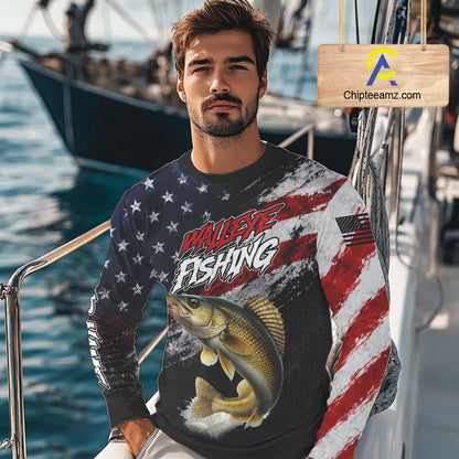 American Flag Walleye Fishing Shirt For Men, Personalized Walleye Fishing Apparel