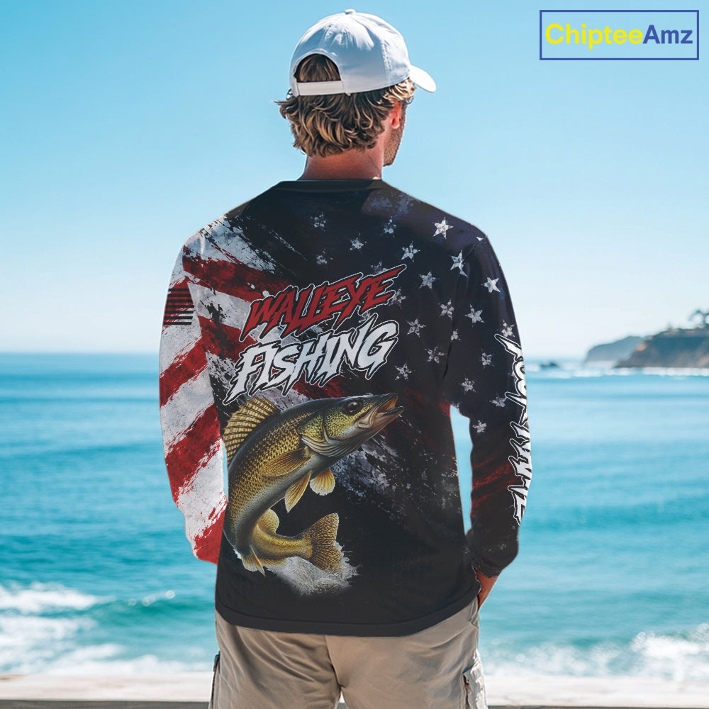 American Flag Walleye Fishing Shirt For Men, Personalized Walleye Fishing Apparel