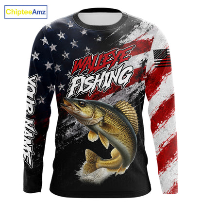 American Flag Walleye Fishing Shirt For Men, Personalized Walleye Fishing Apparel