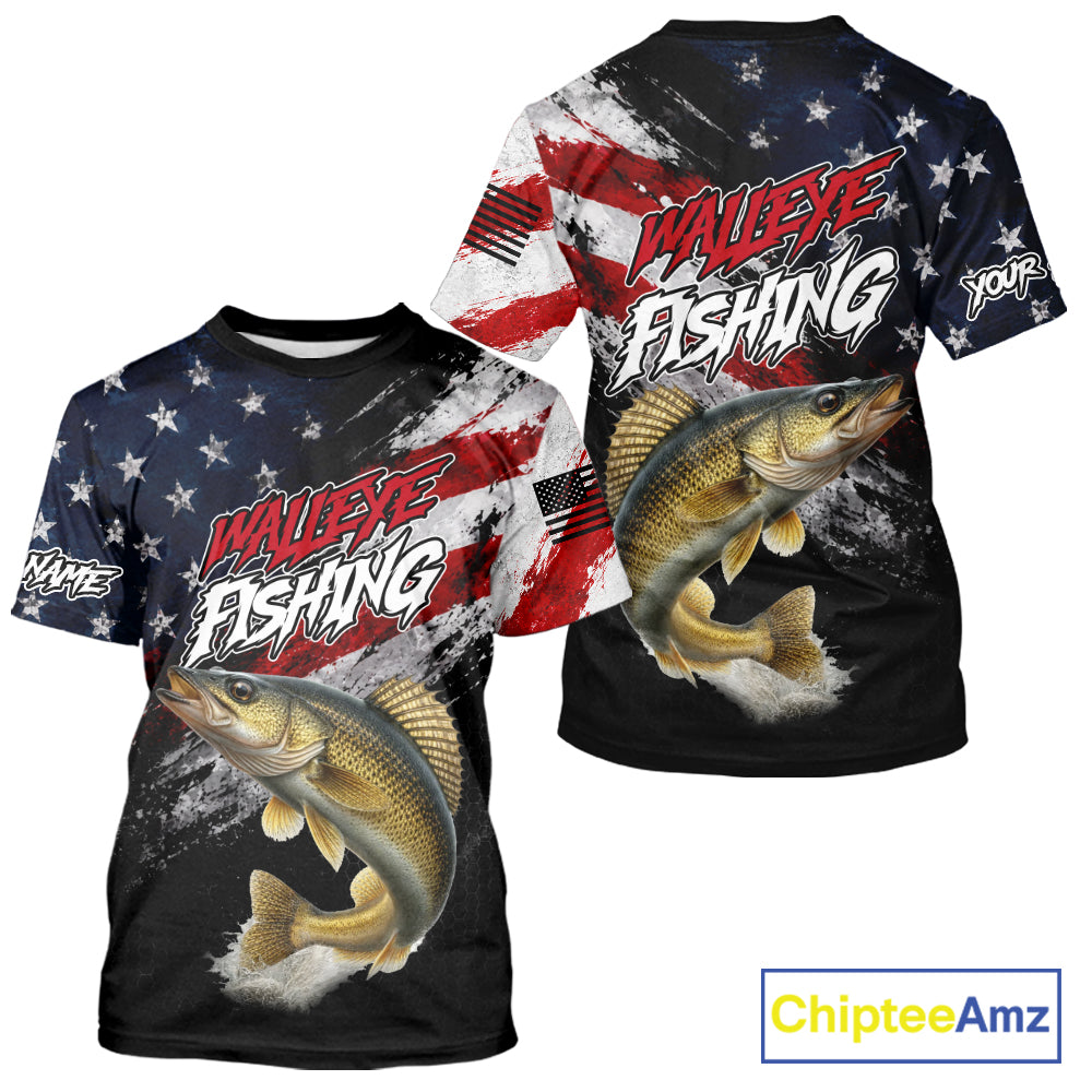 American Flag Walleye Fishing T-Shirt For Men, Personalized Walleye Fishing Apparel