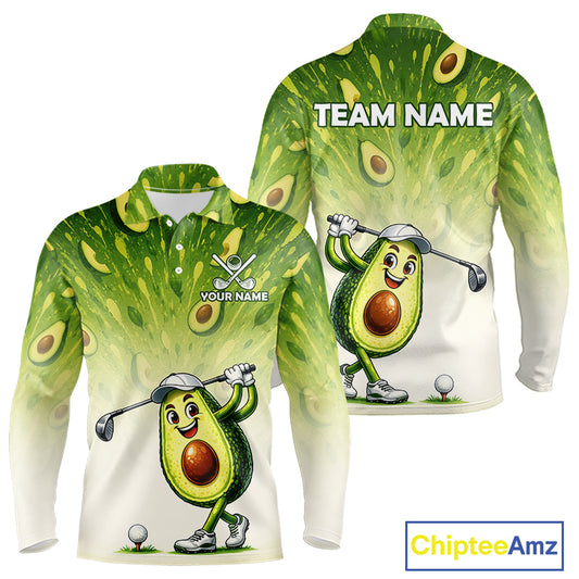 Avocado-themed golf shirt with cartoon avocado character and customizable text on a white background.