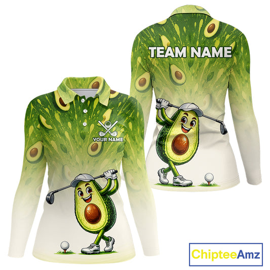 Avocado-themed golf shirt with cartoon character and customizable text on a white background