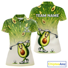 Load image into Gallery viewer, Avocado-themed golf shirt with cartoon character and customizable text on a white background