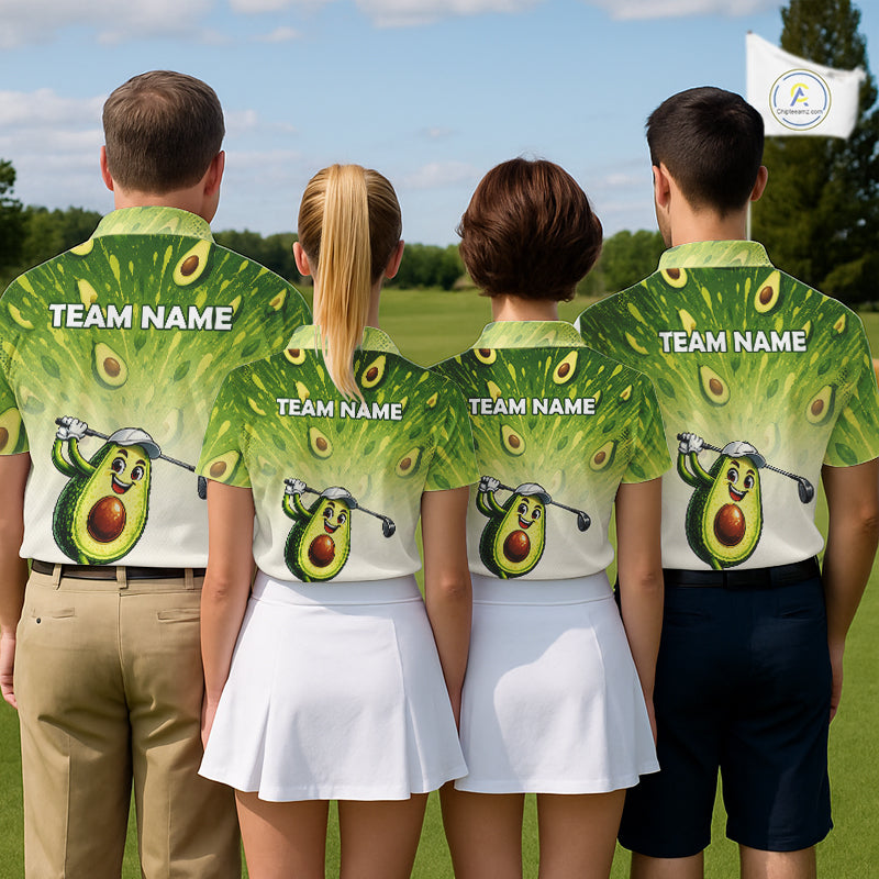 Four people wearing matching shirts with avocado graphics and 'Team Name' text on a golf course.