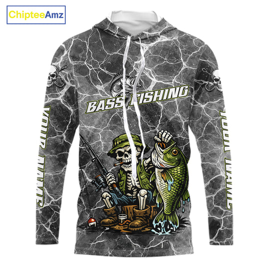 Custom Camo Gray Fish Reaper Skull Bass Hooded Long Sleeve Fishing Shirt, Bass Hunter Fishing Jerseys NHT678