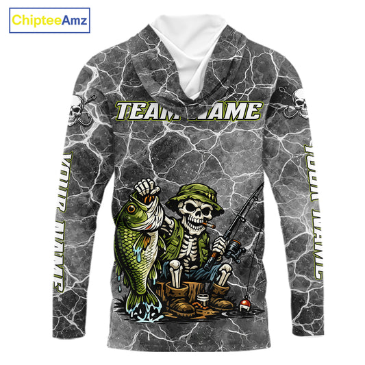 Custom Camo Gray Fish Reaper Skull Bass Hooded Long Sleeve Fishing Shirt, Bass Hunter Fishing Jerseys NHT678