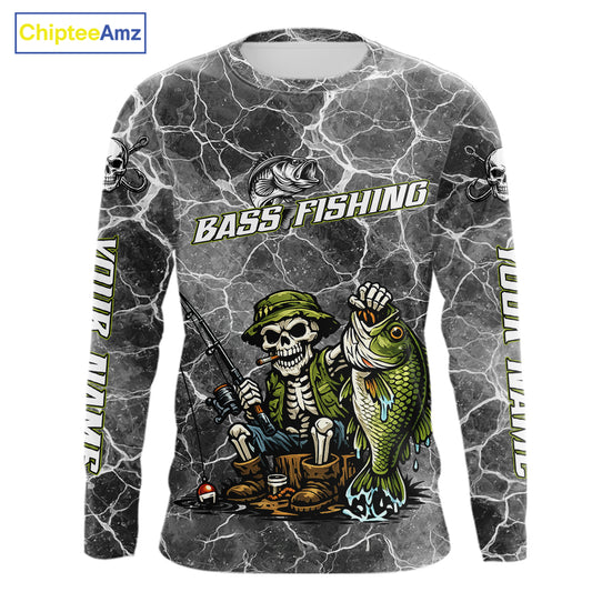 Custom Camo Gray Fish Reaper Skull Bass Long Sleeve Fishing Shirt, Bass Hunter Fishing Jerseys NHT678