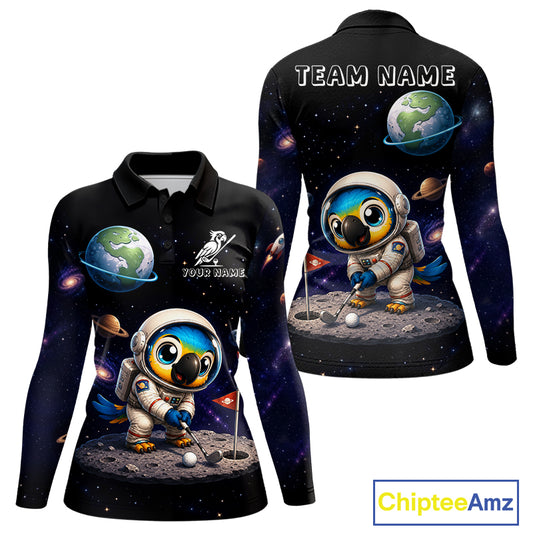 Womens golf polo shirt with astronaut parrot graphic, custom team name, sporty fit.