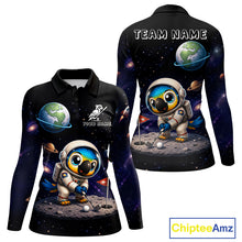 Load image into Gallery viewer, Womens golf polo shirt with astronaut parrot graphic, custom team name, sporty fit.