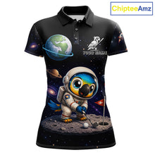 Load image into Gallery viewer, Personalized astronaut parrot womens golf polo shirt, cute space bird golf shirt, front view.