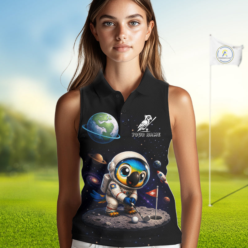 Womens sleeveless golf polo shirt with astronaut parrot graphic, personalized golf team name, cute space bird golf apparel.