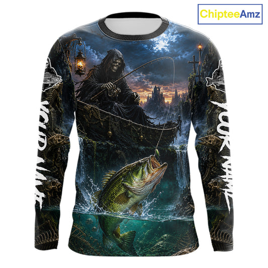 Grim Reaper Fishing Jersey, Largemouth Bass Long Sleeve UV Performance Shirt For Men 