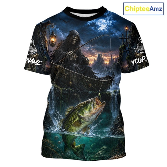 Grim Reaper Fishing Jersey, Largemouth Bass Short Sleeve Fishing T-Shirts UV Performance Shirt For Men 