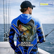 Load image into Gallery viewer, Personalized Bass Fishing Shirts Long Sleeve Hooded, UV Protection Shirt Customize Name Fishing | Blue NHT395