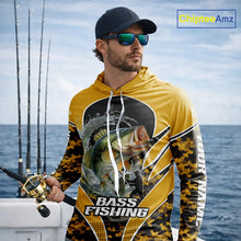 Load image into Gallery viewer, Personalized Bass Fishing Shirts Long Sleeve Hooded, UV Protection Shirt Customize Name | Yellow NHT396