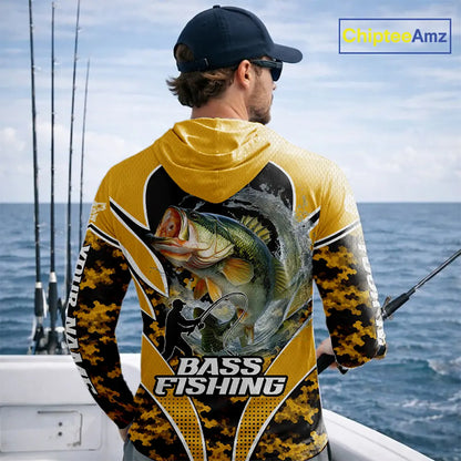 Personalized Bass Fishing Shirts Long Sleeve Hooded, UV Protection Shirt Customize Name | Yellow NHT396