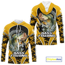 Load image into Gallery viewer, Personalized Bass Fishing Shirts Long Sleeve Hooded, UV Protection Shirt Customize Name | Yellow NHT396