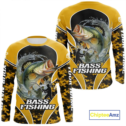 Personalized Bass Fishing Shirts Long Sleeve, UV Protection Shirt Customize Name Fishing | Yellow NHT396