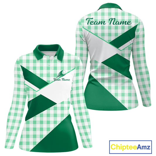 Custom Women’s Green Gingham Plaid Golf Polo Shirts– Personalized Ladies Golf Apparel NHT716