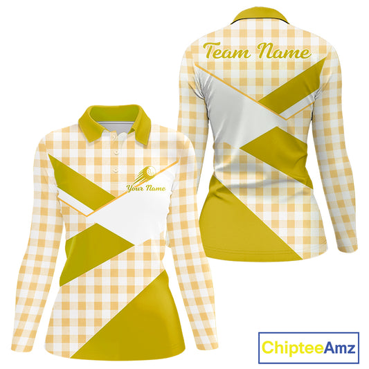 Custom Women’s Yellow Gingham Plaid Golf Polo Shirts– Personalized Ladies Golf Apparel NHT717