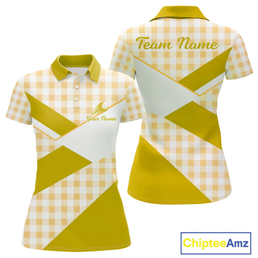 Custom Women’s Yellow Gingham Plaid Golf Polo Shirts– Personalized Ladies Golf Apparel NHT717