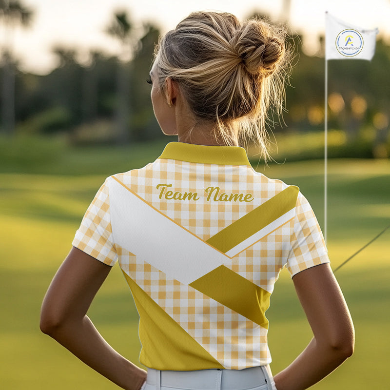 Custom Women’s Yellow Gingham Plaid Golf Polo Shirts– Personalized Ladies Golf Apparel NHT717